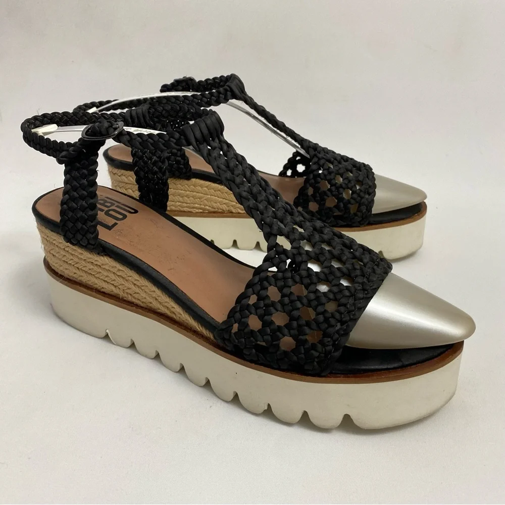 BIBI LOU Platform Sandals 7 - 7.5 / 38 Black Woven Ankle Strap Open Toe Wedge - Picture 5 of 16